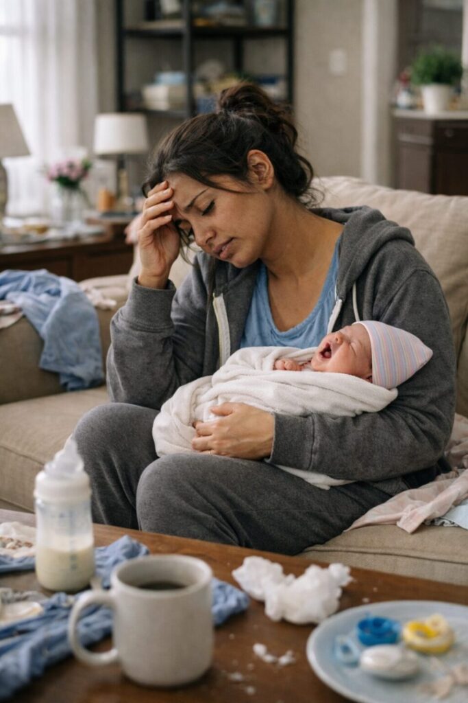mom struggling with mental health with newborn baby 